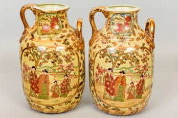 Pair Of Aldik Artificial Flower Co. Chinese Hand Painted Handled Vases