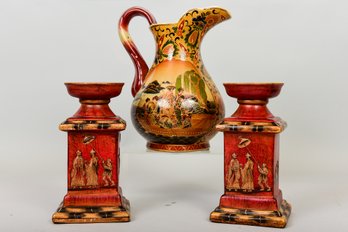 Saisuma Chinese Hand Painted Pitcher And Pair Of Chinese Pedestal Candle Holders