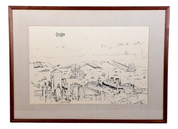 Signed Ink Drawing Depicting A Nautical Scene