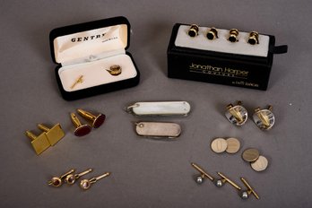 Collection Of Men's Accessories Including Belais 14k White God Front Cuff Links