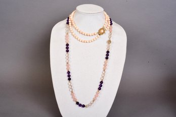 Double Strand Coral Beaded Necklace With 14k Gold Clasp And Multi-colored Beaded Necklace With 14k Clasp