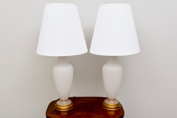 Pair Of Frosted Glass Lamps With Gilt Wood Base