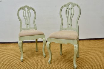 Pair Of Carved Wood Side Chairs With Linen Upholstered Seat Cushions