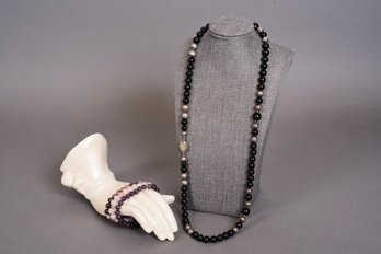 Beaded Necklace With Sterling Silver Spacer Balls And Clasp And Three Bracelets