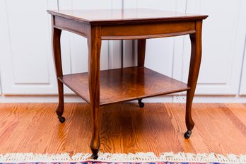 Two Tier Herringbone Marquetry Bowed Legged Side Table On Casters