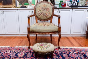 Antique French Style Needlepoint Arm Chair With Matching Footstool