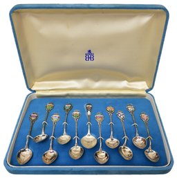 Set Of 11 Birks Sterling Silver Enamel Canadian Boxed Souvenir Spoons