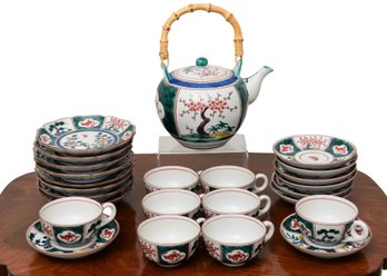 Japanese Kutani Ware Porcelain Tea Pot, Cups, Saucers And Dessert Plates In The Sho-Tiku-Bai Pattern