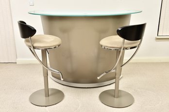 Designs For Living By Gil Topaz And Champagne Curved Bar And Pair Of Hydraulic Swivel Stools (RETAIL $2,450)