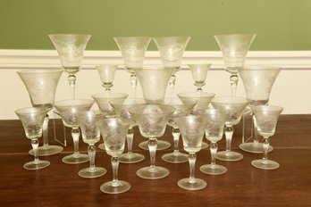 Set Of Twenty Two Antique Etched Floral And Vine Crystal Glassware