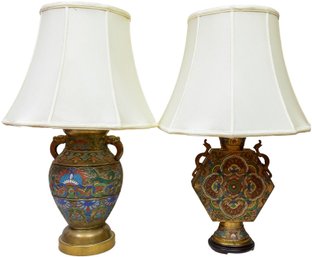 Pair Of Compatible Brass Champleve Table Lamps