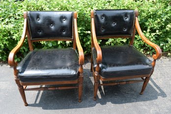 Pair Of Mid Century Black Padded Leather & Mahogany Oxford Library Chairs