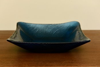 Blue Glass Ribbed Serving Bowl