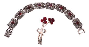Sterling Silver, Marcasite, Tourmaline Bracelet Marked ND And Floral Sterling Brooch Marked FAS