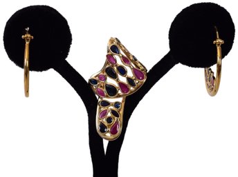 Signed VIOR 18K Yellow Gold Italian Bezel Set Spinel Earrings With Matching Pendant Slide
