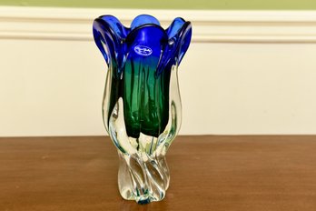 Royal Gallery Cobalt Blue Green Sommerso Art Glass Vase - Made In Poland