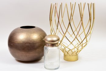 Lazy Susan Brass Sculpture, Large Glass Jar With Lid, And Hammered Brass Vase