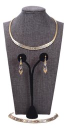 Italian Sterling Silver Tri-Color Necklace, Bracelet And Pierced Earrings Set