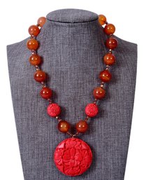 Kenneth Jay Lane Agate Bead Necklace With Faux Cinnabar Pendant