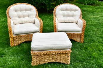 Pair Of Woven Wicker Cushioned Lounge Chairs With Matching Ottoman