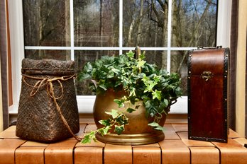 Ifugao Pasiking Woven Basket, Brass Planter With Faux Plant, And Wooden Wine Holder Case