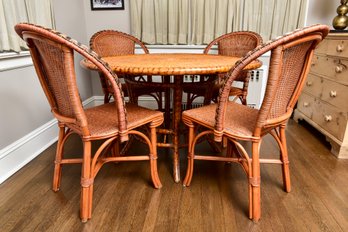 Palecek Rattan And Bamboo Dining Table With Set Of Four Matching Chairs