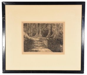 Framed Etching Depicting Stairs In An Enchanted Forest