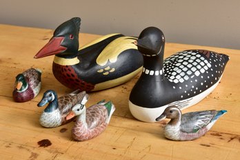 Signed James Haddon Wood Redbreast Merganser Duck And Wooden Diver Duck