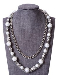 Signed Givenchy Double Strand Faux Pearl Rhinestone Chain Necklace