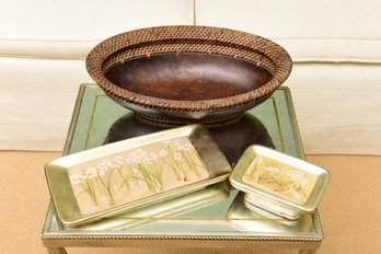 Woven Wooden Basket, Vanity Tray And Soap Holder