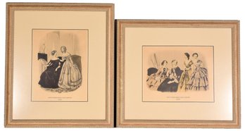 Pair Of Antique Prints Titled 'Godey's Americanized Paris Fashions' Dated 1847