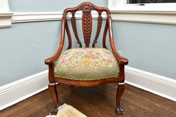 Antique Needlepoint Carved Wood Arm Chair With Nailhead Stud Trim And Front Paw Feet