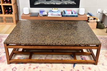 Matahati Teak Cocktail Table With Bamboo Mosaic Top And Geometric Patterned Lower Shelf