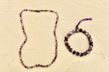 Amethyst Beaded Necklace  With Sterling Silver Clasp And Bracelet