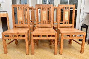 Set Of Eight Matahati Solid Reclaimed Teak Wood Dining Chairs With Cracked Coco Mosaic Inlay