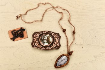 Salvador Dali Inspired Melting Clock Necklace, Chambers Belt Company Horse Belt Buckle And Antique Copper Pin