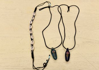 Pair Of Hand Blown Jellyfish Pendants From New Orleans Glass Works And Cowrie Macrame Necklace