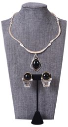 Sterling Silver Onyx Necklace And Mexican Sterling Silver Onyx Clip On Earrings With Brass Trim