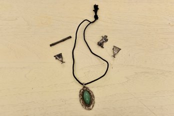 Sterling Silver Turquoise Pendant And Collection Of Four Antique Sterling Silver Pins