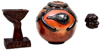F. Jn Louis Wooden Hand Ash Tray,  Orang Malu Weeping Buddha Rosewood Figurine And African Carved Leaf Gourda