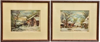 Pair Of Crewel Stitching On Paintings Titled 'Farm Yard In Winter' And 'Old Mill In Winter'