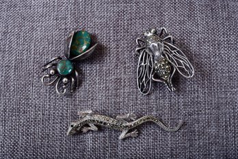 Sterling Silver Pins - Hand Made Turquoise Bee, Bee With Marcasite And Marcasite Lizard