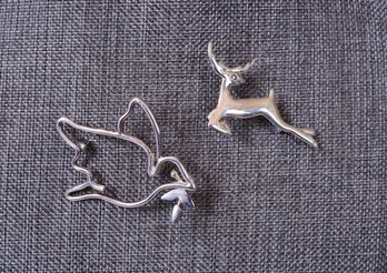 Sterling Silver Peace Dove Pin And Leaping Reindeer Pin
