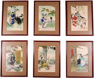 Collection Of Six Framed Signed Mizuno Toshikata  (Japanese, 1866-1908) Woodblock Prints