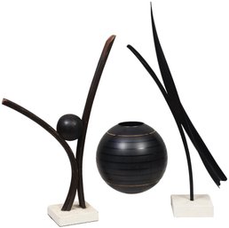 Pair Of Wooden Abstract Sculptures And Round Glass Vase