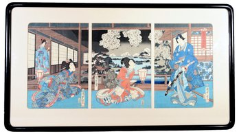 Japanese Signed Triptych Framed Woodblock