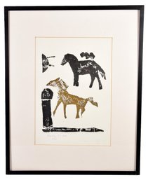 Signed Annethy Liviano Print From Linoleum Pattern On Woodblock Printer's Ink