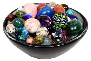 Bowl Full Of Small And Miniature Faceted, Glass And Marble Eggs