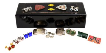 Collection Of 14K, Sterling Cuff Links, Belt Buckles And Jewelry Box