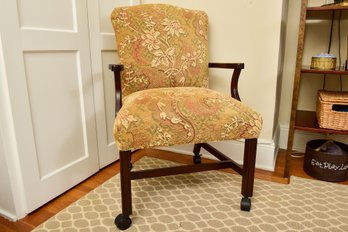 C.R. Laine Furniture Hickory NC Upholstered Carved Wood Arm Chair On Casters